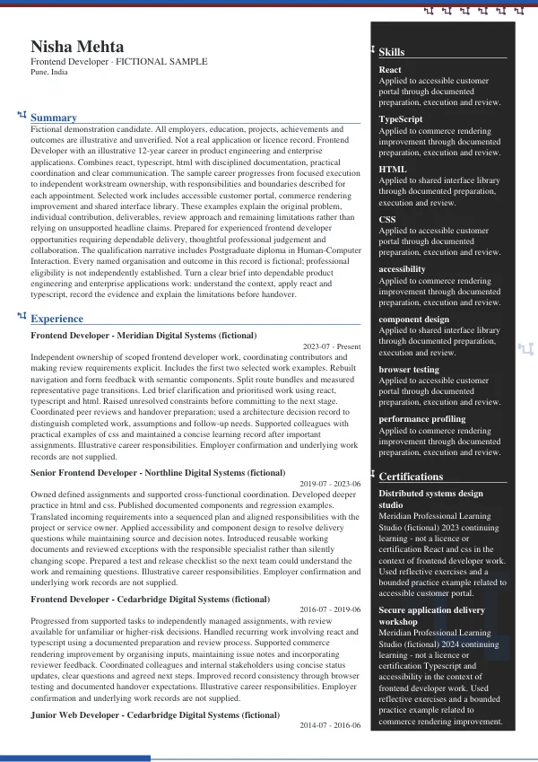 Frontend Developer CV — first page
