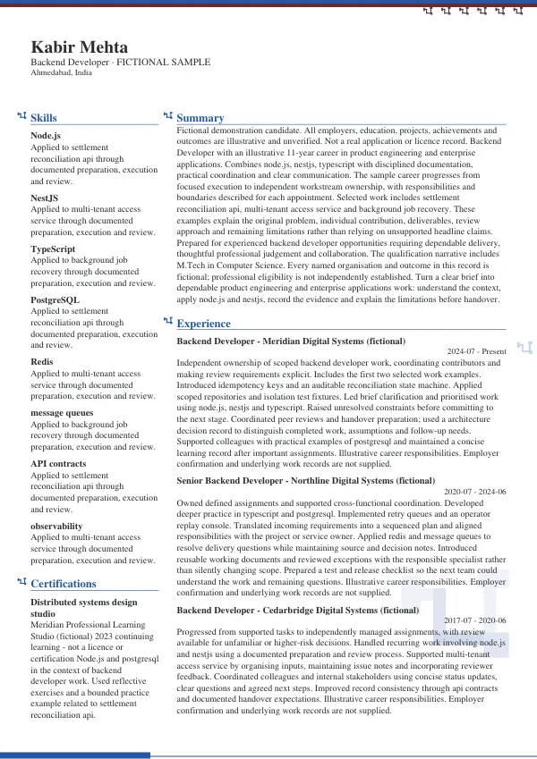 Backend Developer CV — first page