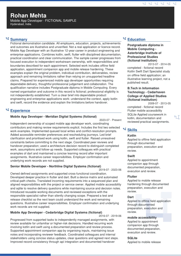 Mobile App Developer CV — first page