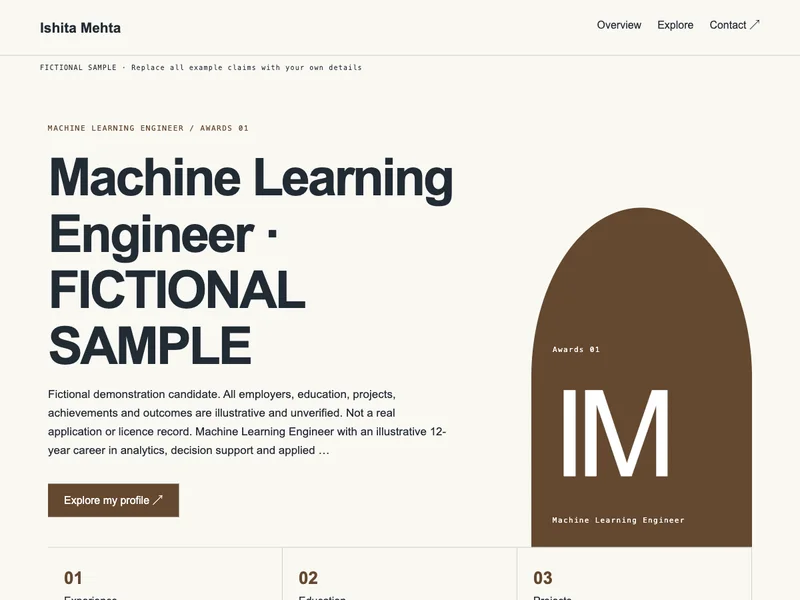 Machine Learning Engineer web portfolio preview