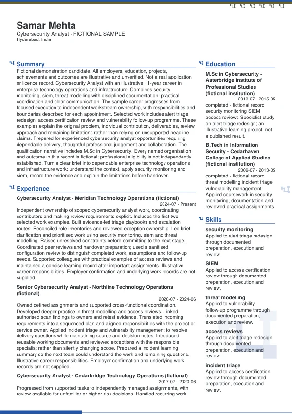 Cybersecurity Analyst CV — first page