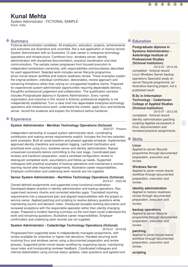 System Administrator CV — first page