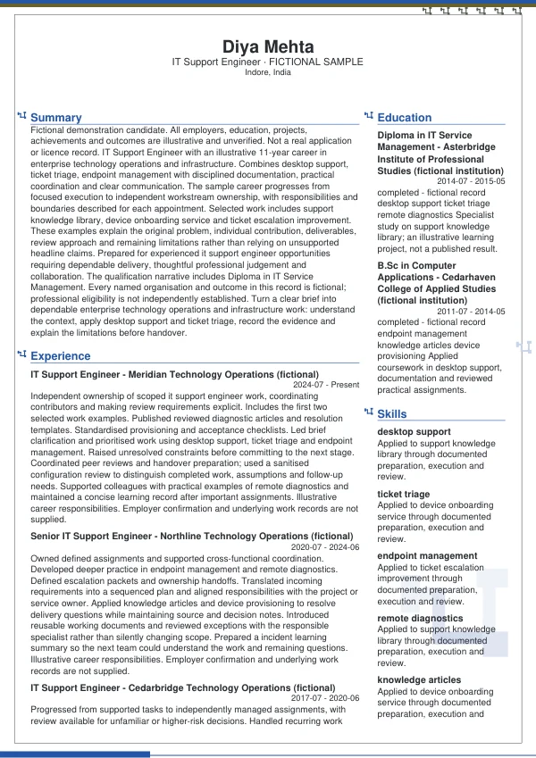 IT Support Engineer CV — first page