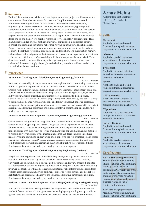 Automation Test Engineer CV — first page