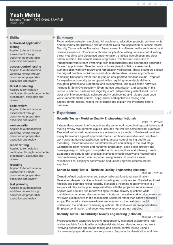 Security Tester CV — first page