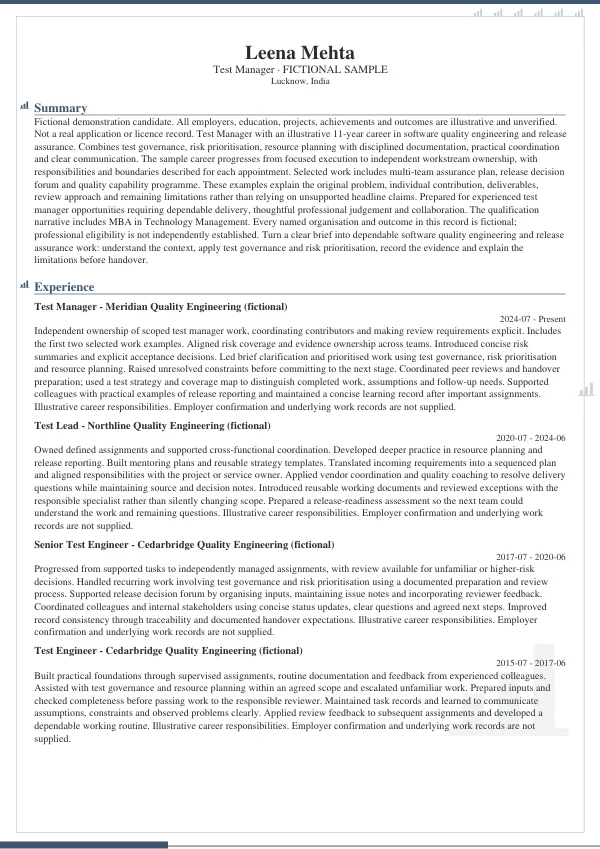 Test Manager CV — first page