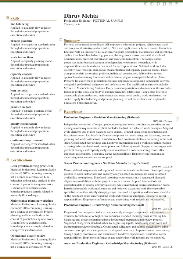 Production Engineer CV — first page