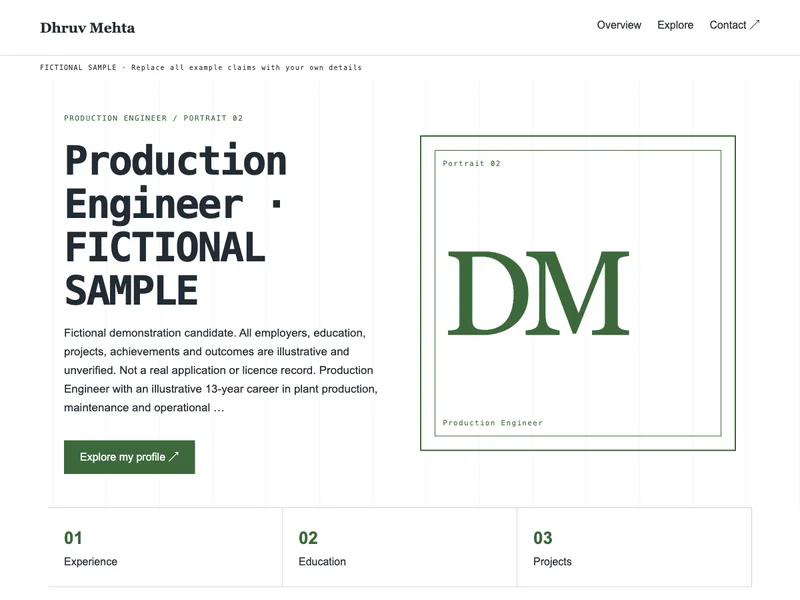 Production Engineer web portfolio preview