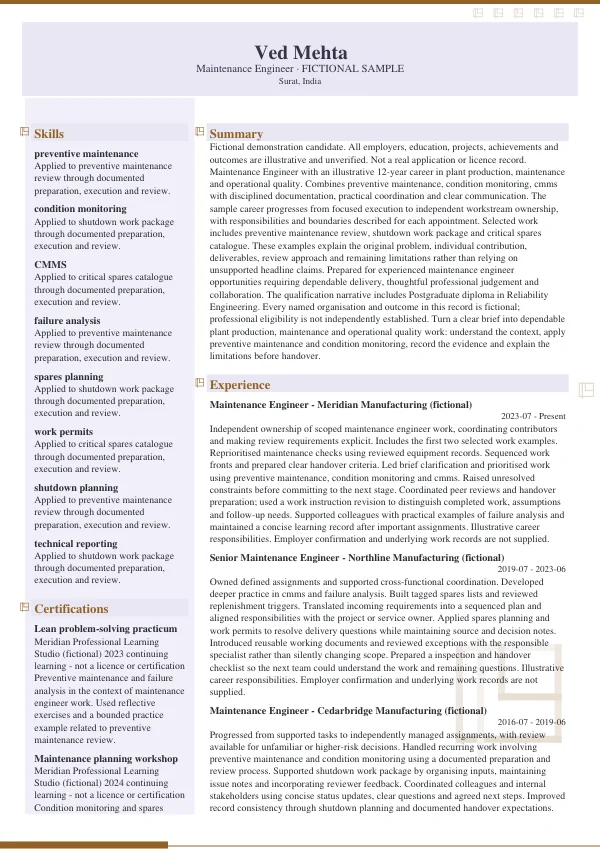 Maintenance Engineer CV — first page