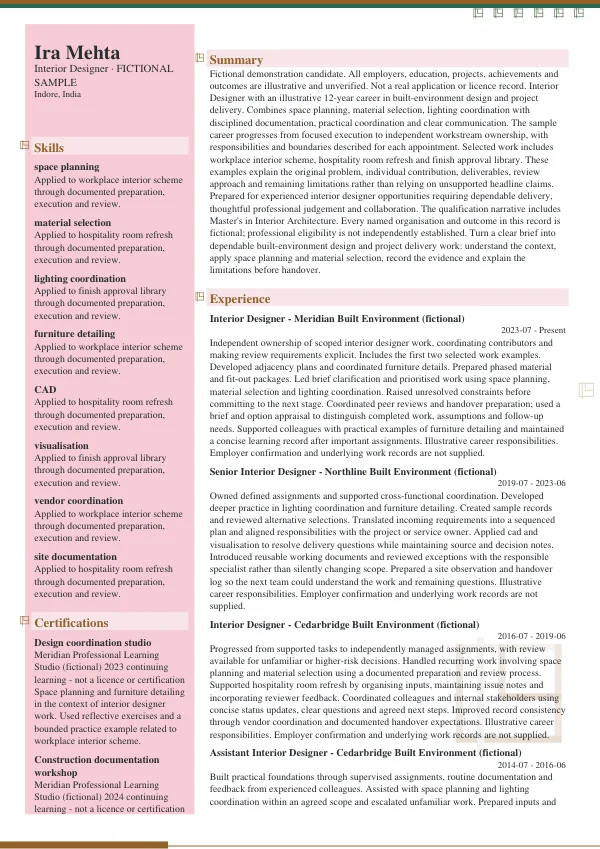 Interior Designer CV — first page