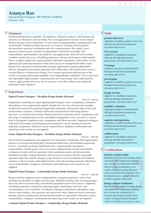 Digital Product Designer CV — first page