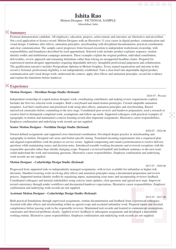 Motion Designer CV — first page