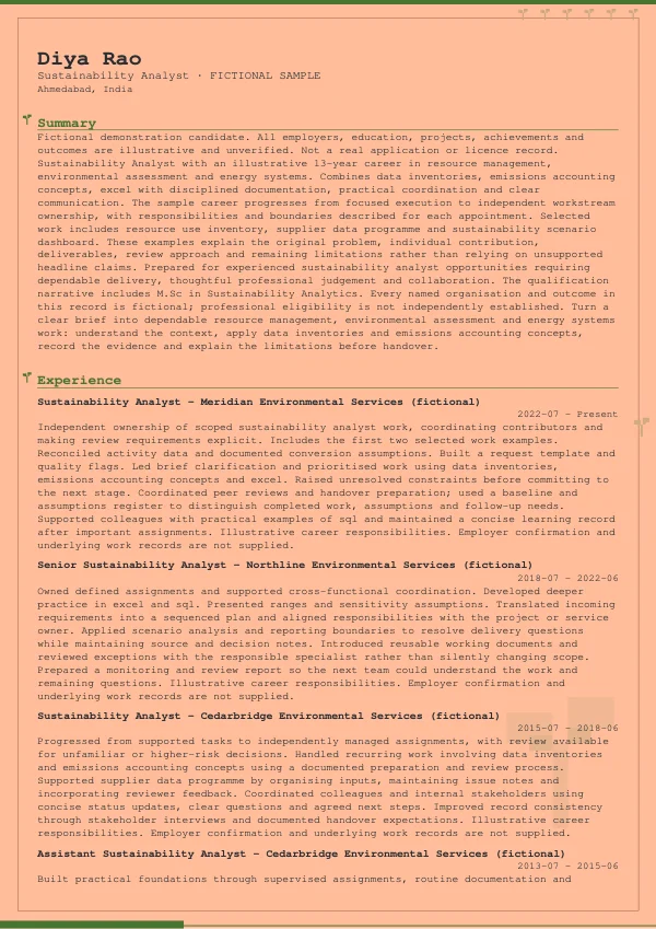 Sustainability Analyst CV — first page