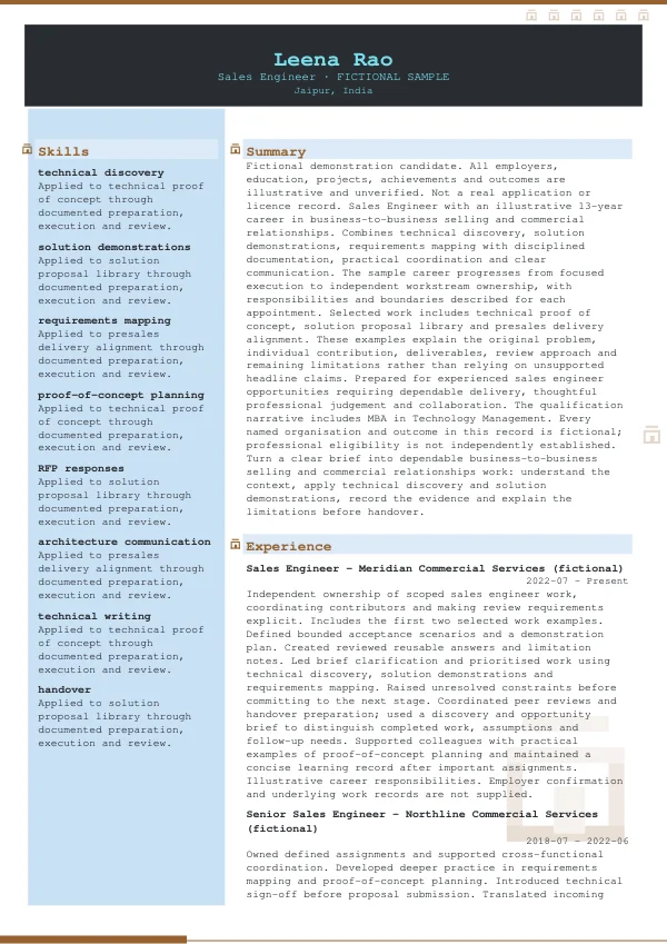 Sales Engineer CV — first page