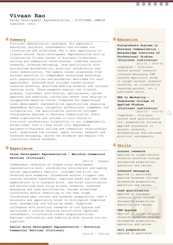 Sales Development Representative CV — first page