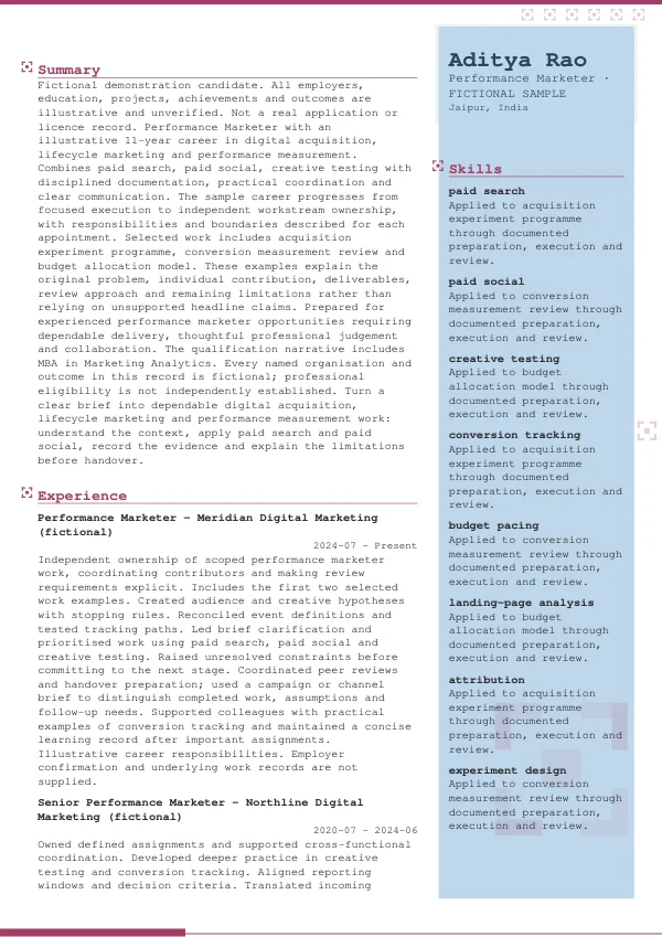 Performance Marketer CV — first page