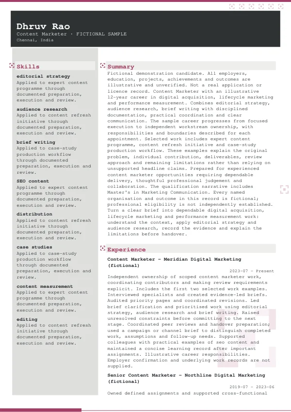Content Marketer CV — first page