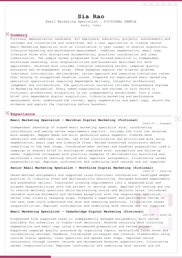 Email Marketing Specialist CV — first page