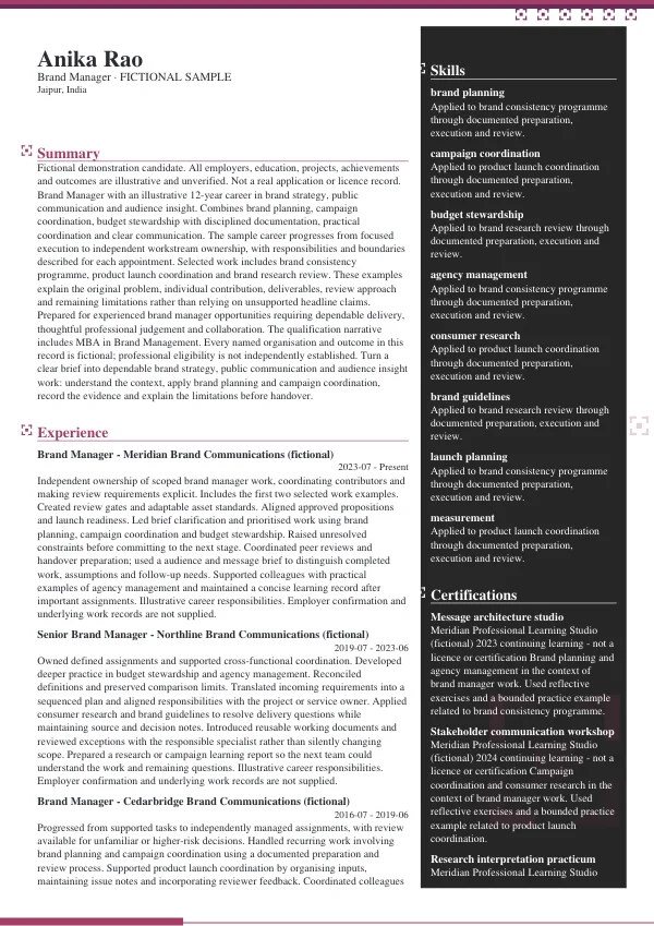 Brand Manager CV — first page