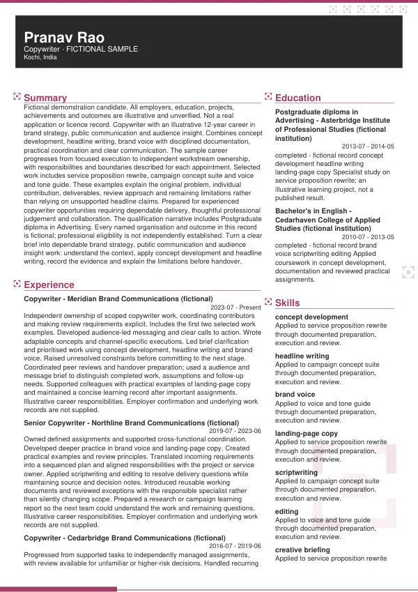 Copywriter CV — first page