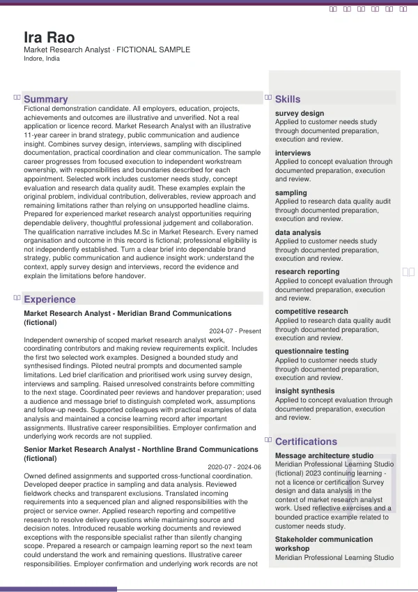 Market Research Analyst CV — first page
