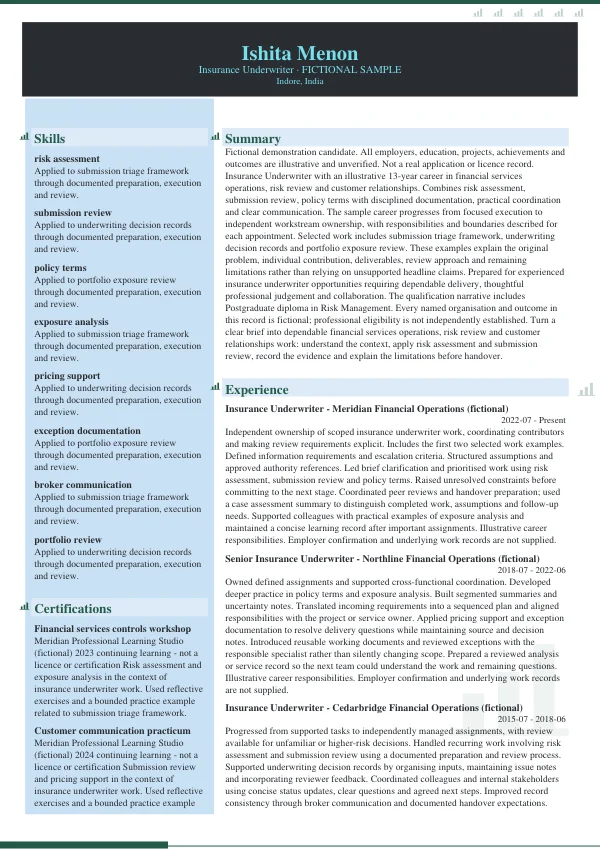 Insurance Underwriter CV — first page