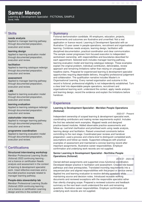 Learning & Development Specialist CV — first page
