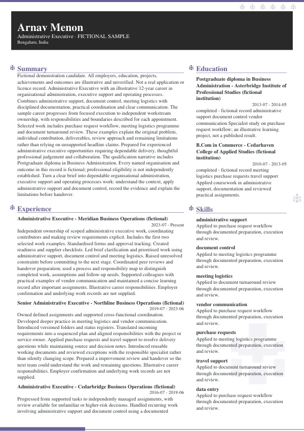 Administrative Executive CV — first page