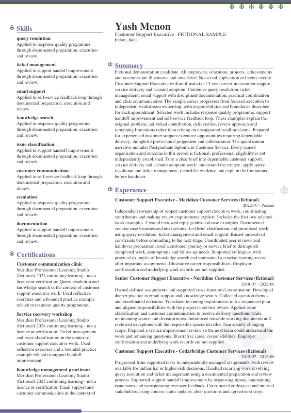 Customer Support Executive CV — first page