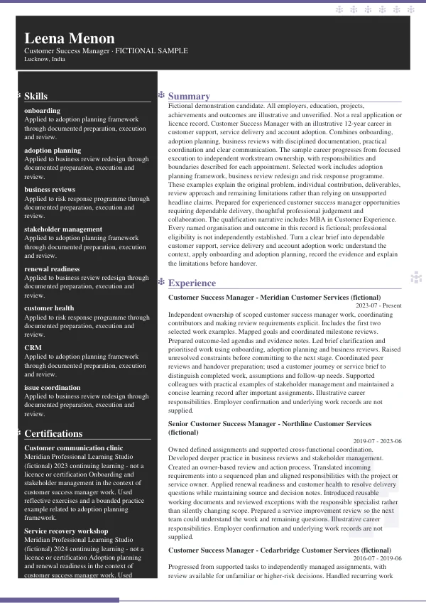 Customer Success Manager CV — first page