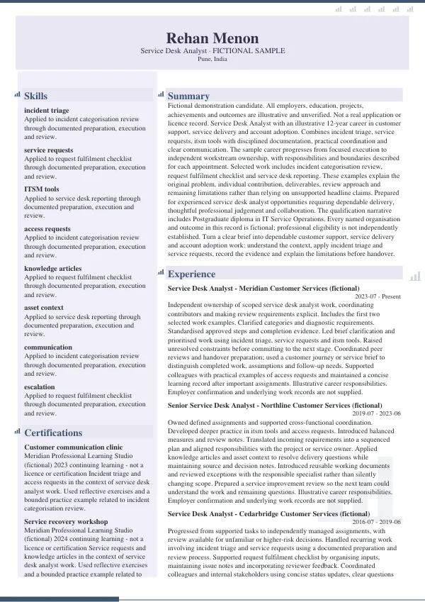 Service Desk Analyst CV — first page