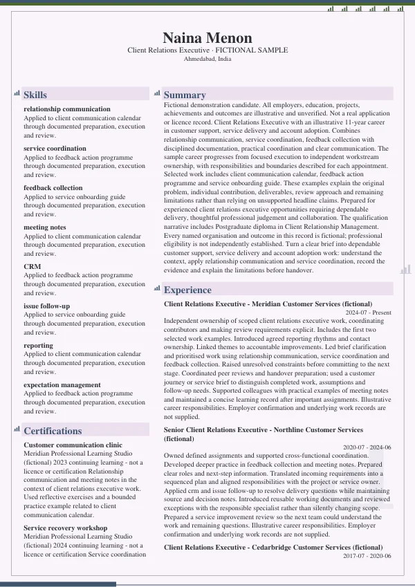 Client Relations Executive CV — first page