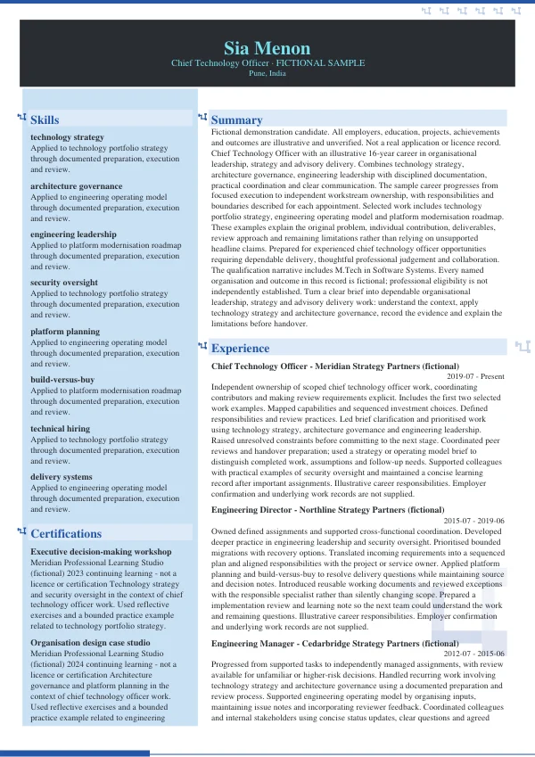 Chief Technology Officer CV — first page