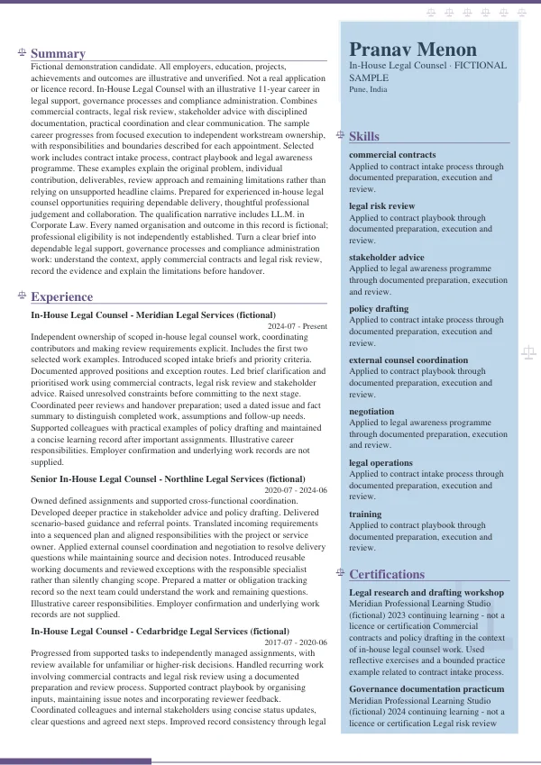 In-House Legal Counsel CV — first page
