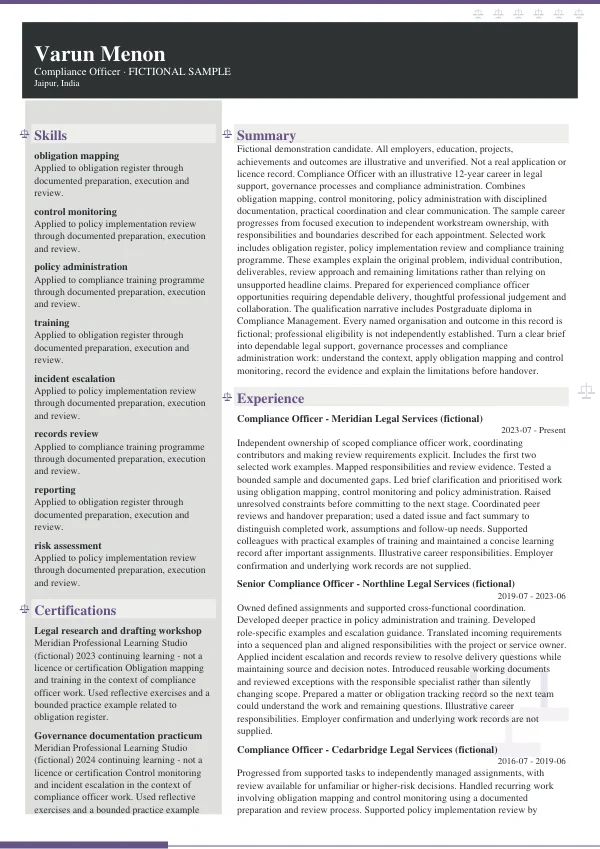 Compliance Officer CV — first page