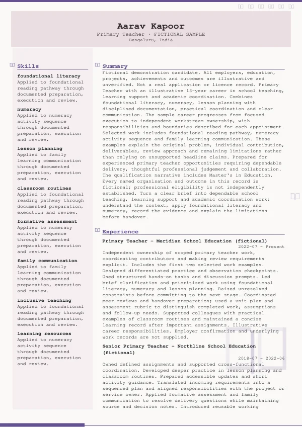 Primary Teacher CV — first page