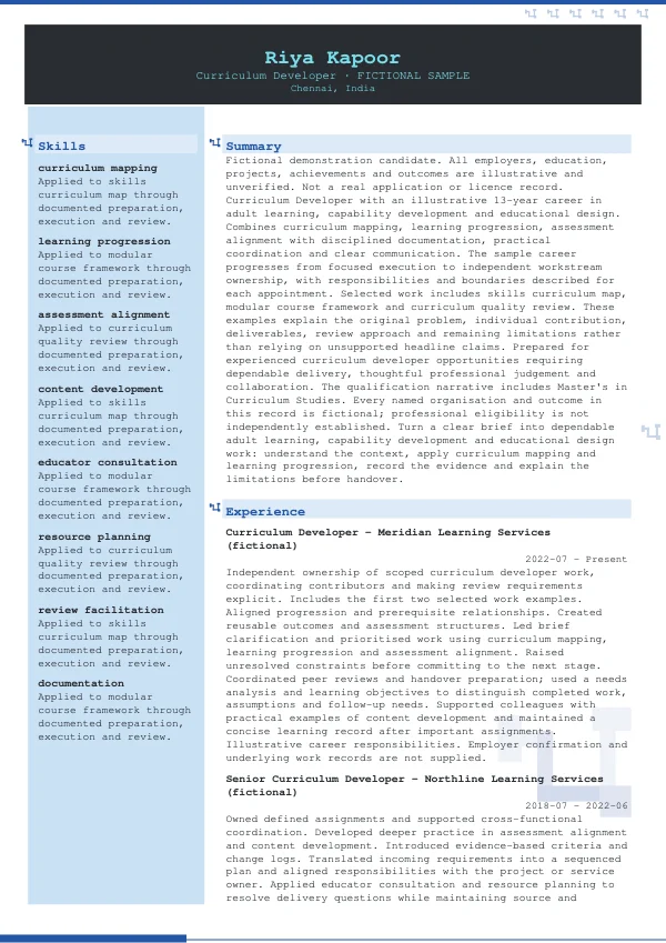 Curriculum Developer CV — first page