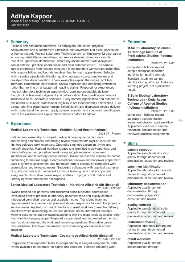 Medical Laboratory Technician CV — first page