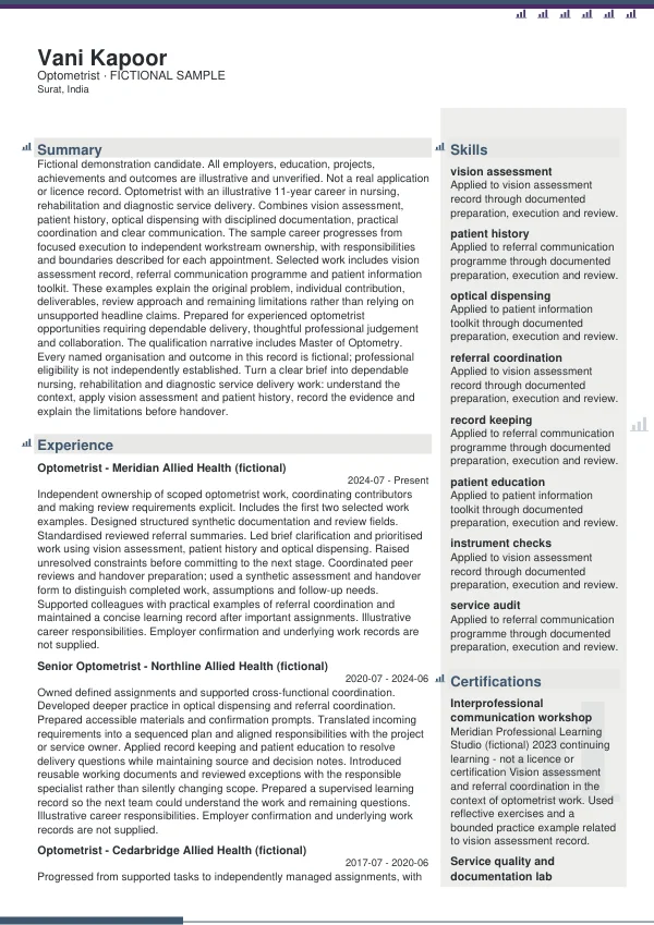 Optometrist CV — first page