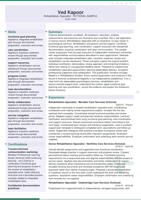 Rehabilitation Specialist CV — first page