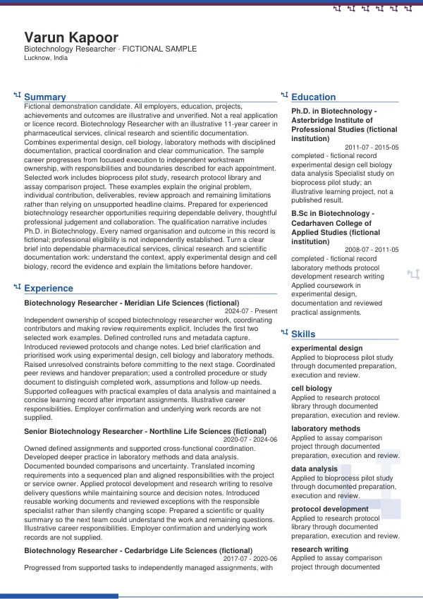 Biotechnology Researcher CV — first page