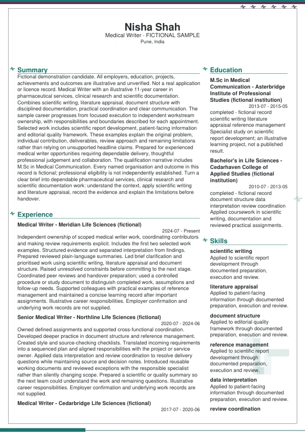 Medical Writer CV — first page
