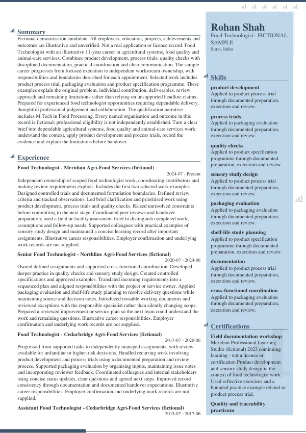 Food Technologist CV — first page