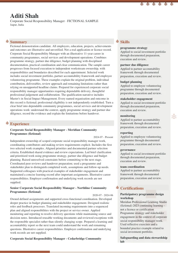 Corporate Social Responsibility Manager CV — first page