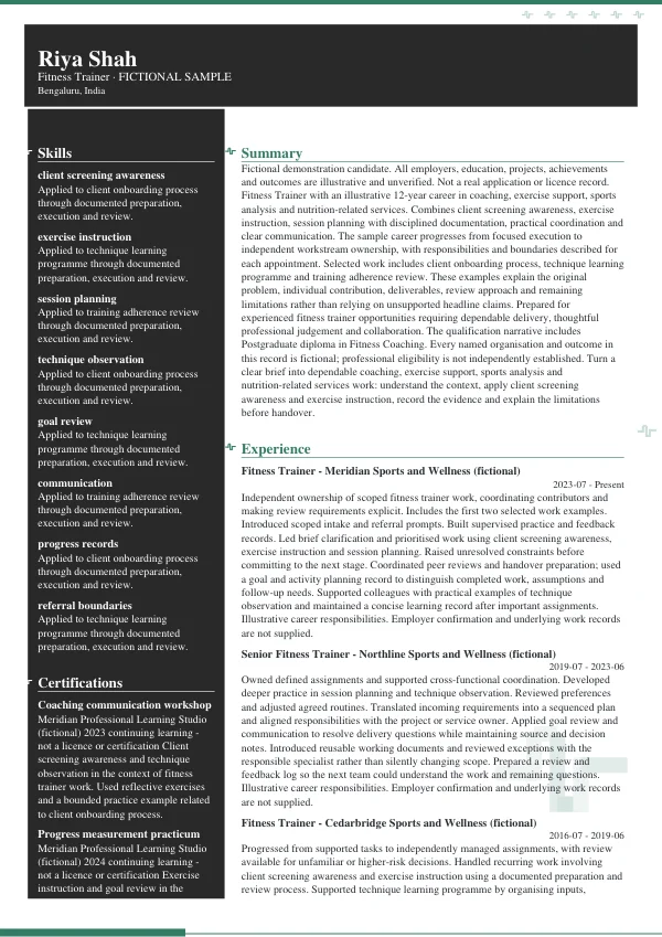 Fitness Trainer CV — first page
