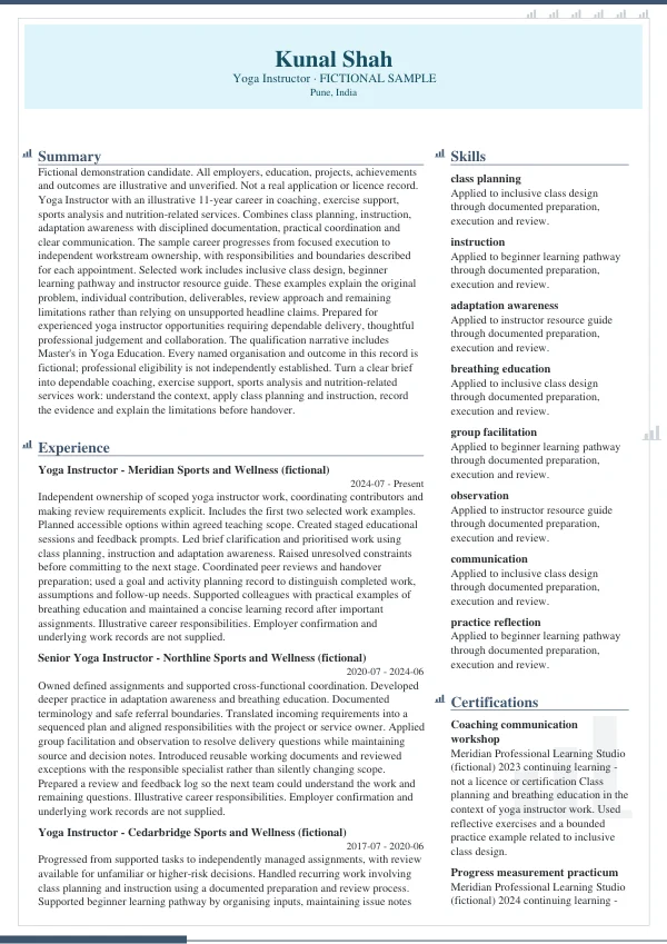 Yoga Instructor CV — first page