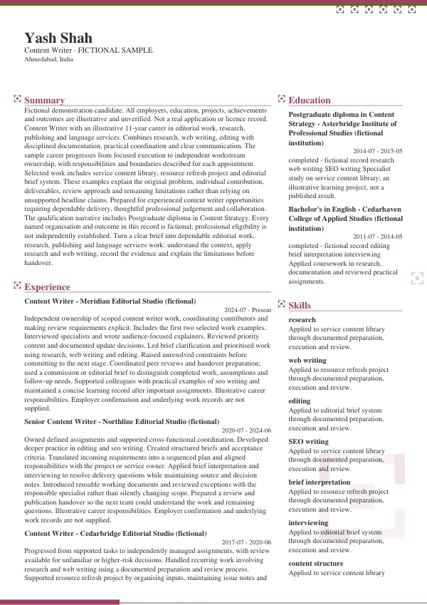 Content Writer CV — first page