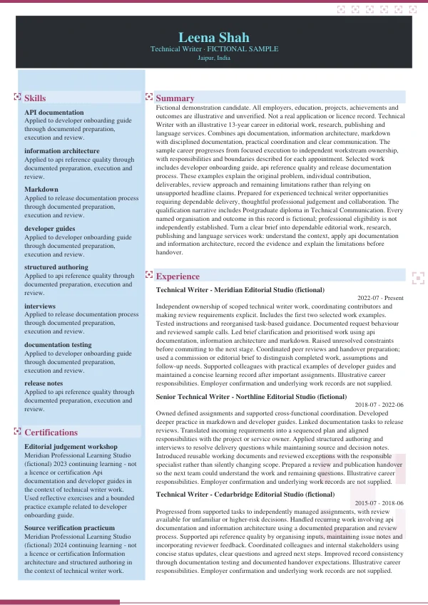 Technical Writer CV — first page