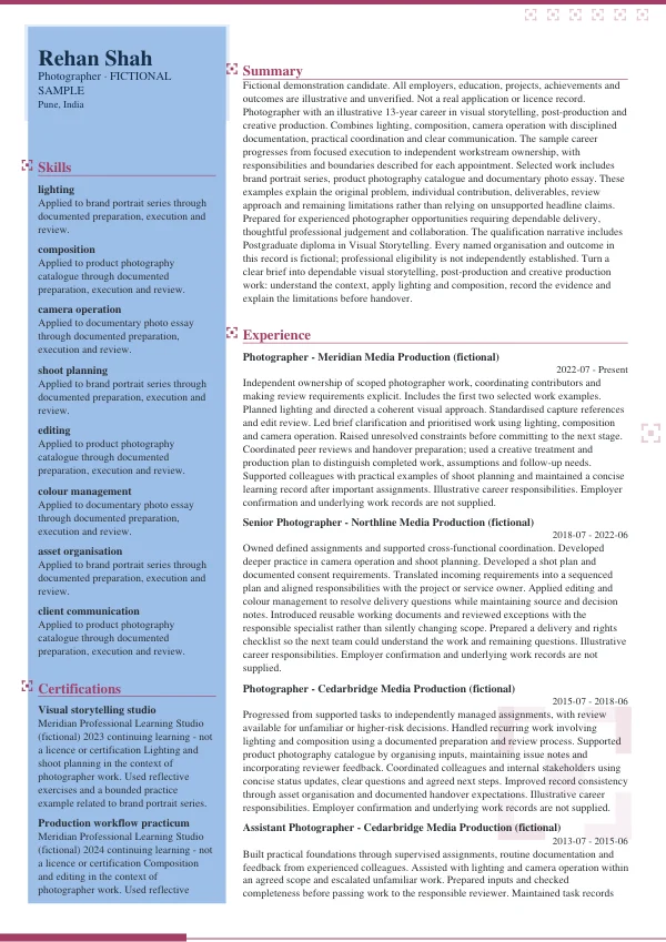 Photographer CV — first page