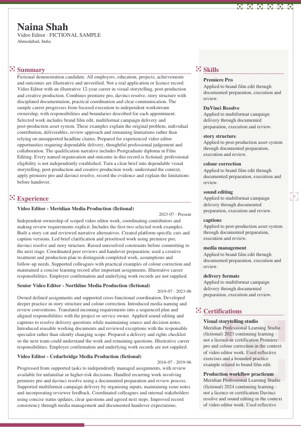 Video Editor CV — first page